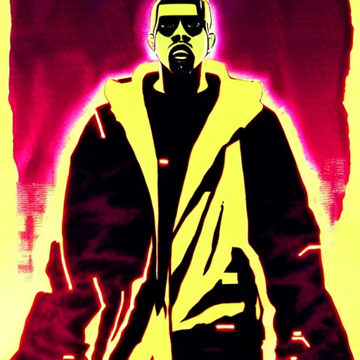 Prompt: professionally drawn seinen mature cyberpunk kanye west horror action manga comic cover, dramatic, beautifully drawn coherent professional, drawn by ilya kuvshinov, ilya kuvshinov, satoshi kon, kentaro miura, dave mckean, tsutomu nihei. japanese script kanji hiragana on the cover. minimalist stylized cover art. yellow purple cel shaded