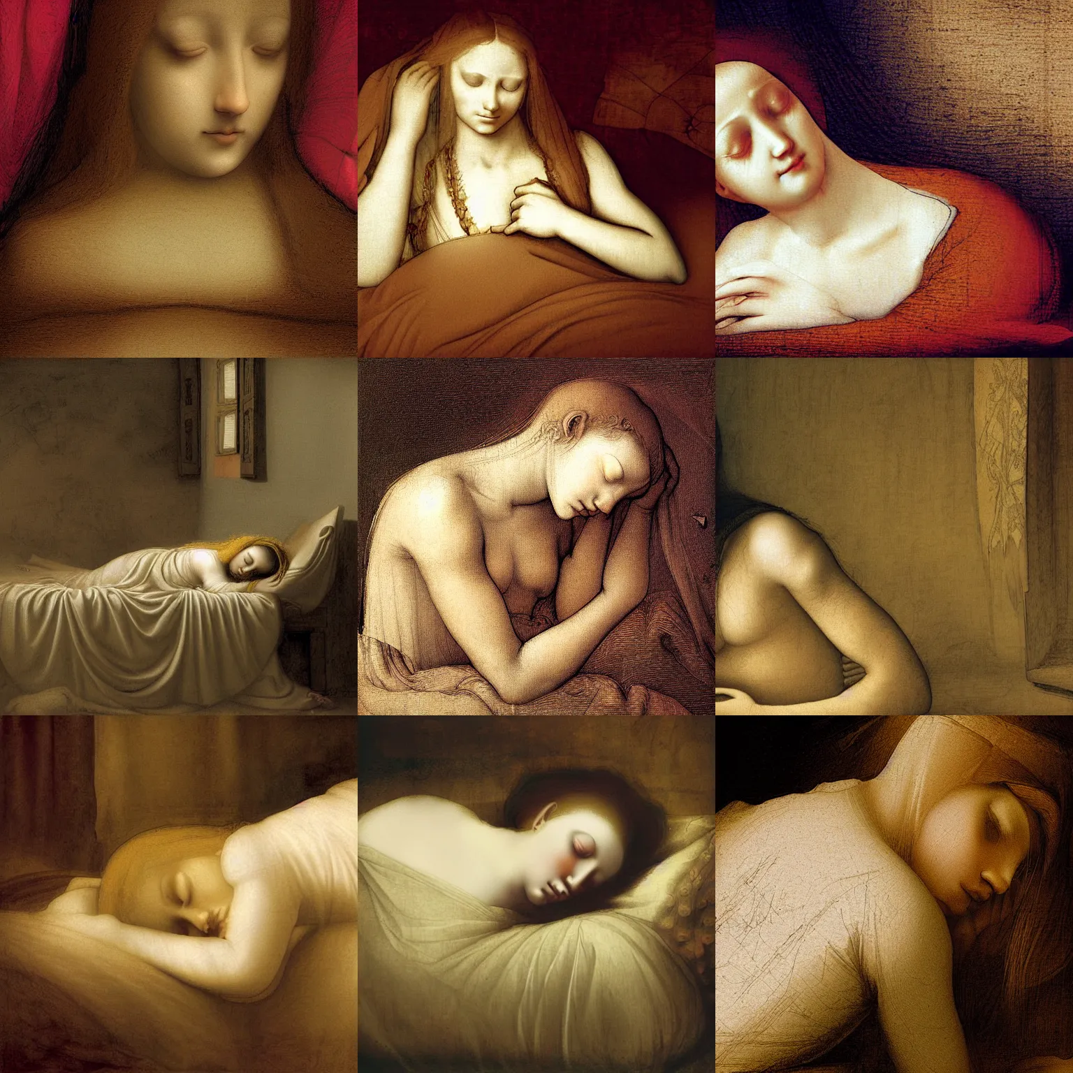 Prompt: digital painting of an anxious sleepless beautiful girl on bed having a nightmare, by leonardo da vinci