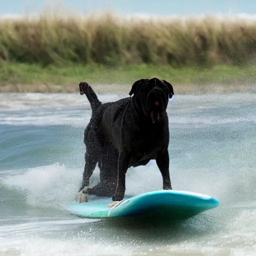 Prompt: a comedy movie for bull mastiff about surfing