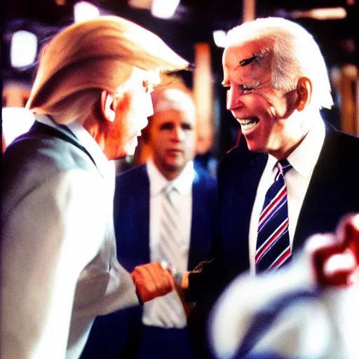 Prompt: Anime of Donald Trump and Joe Biden throwing punches, cinestill, 800t, 35mm, full-HD