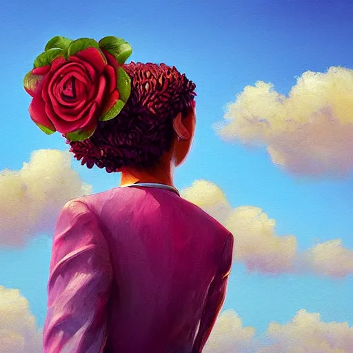 Image similar to closeup, giant rose flower head, frontal, girl in suit, surreal photography, sunrise, blue sky, dramatic light, impressionist painting, digital painting, artstation, simon stalenhag