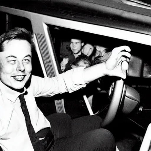 Image similar to retro photo of drunked elon musk driving bus, by hunter thompson