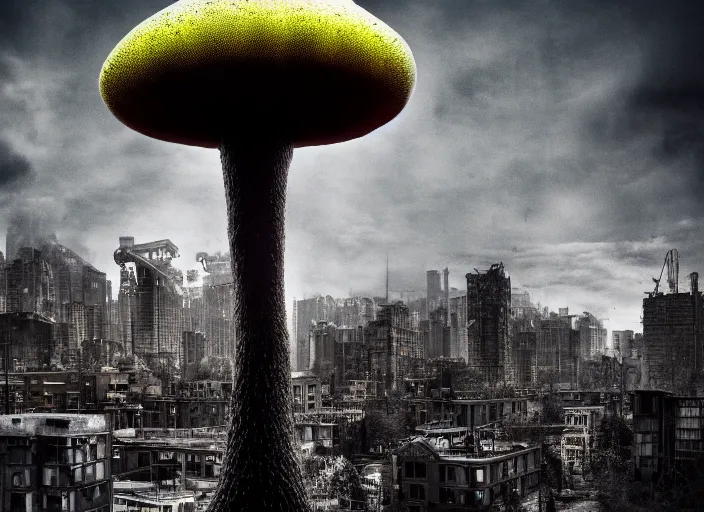 Image similar to nuclear mushroom in the city . Horror dystopia style. Highly detailed 8k. Intricate. Nikon d850 300mm. Award winning photography.