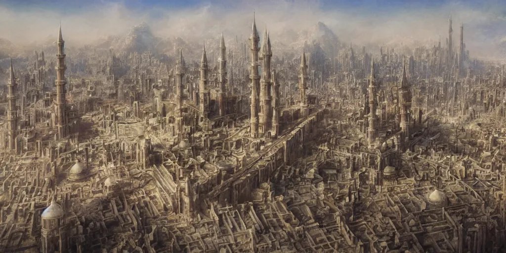 Image similar to a beautiful painting of epic fantasy islamic city by alan lee, trending on artstation