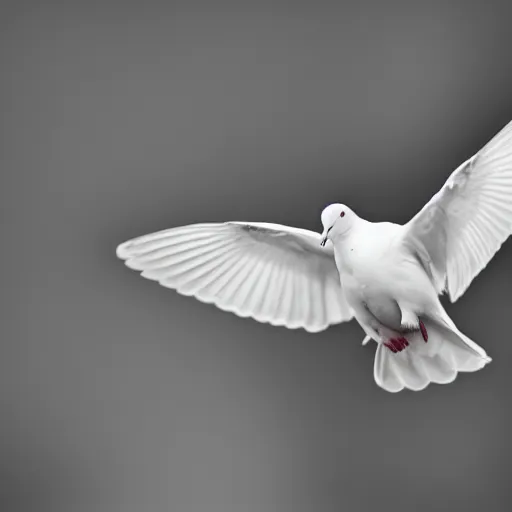 Image similar to a realistic photo of a white dove on a solid black background, high contrast, 8k, film grain, highly detailed