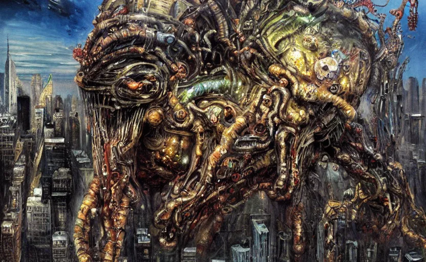 Image similar to an oil painting of biopunk aether monster that consumes new york city in style of lovecraftian horror by simon bisley