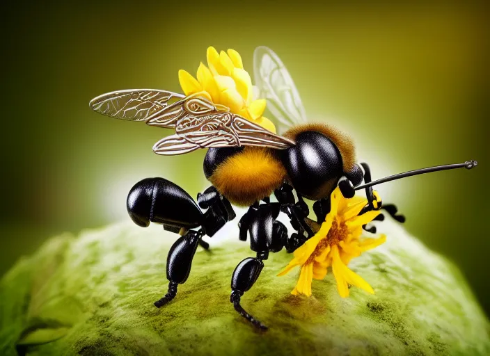 Prompt: super macro of an robotic mechanical cyborg bee drinking from a flower in the forest. fantasy magic style. highly detailed 8 k. intricate. nikon d 8 5 0 3 0 0 mm. award winning photography.