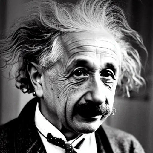 Image similar to highly detailed photo of Albert Einstein using a mobile cell phone, 4k