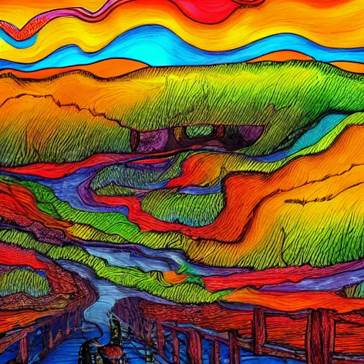 Prompt: colorful landscape in the style of junji ito
