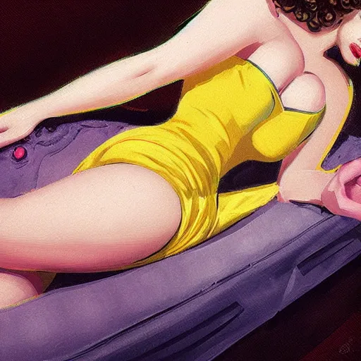 Image similar to beautiful, fine by ross tran deep yellow, 1 9 4 0 s. a conceptual art of a woman reclining on a bed.