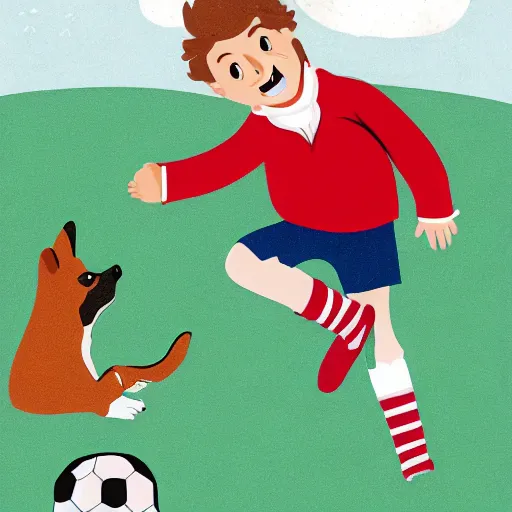 Image similar to illustration of french boy in paris playing football against a corgi, the corgi is wearing a polka dot scarf