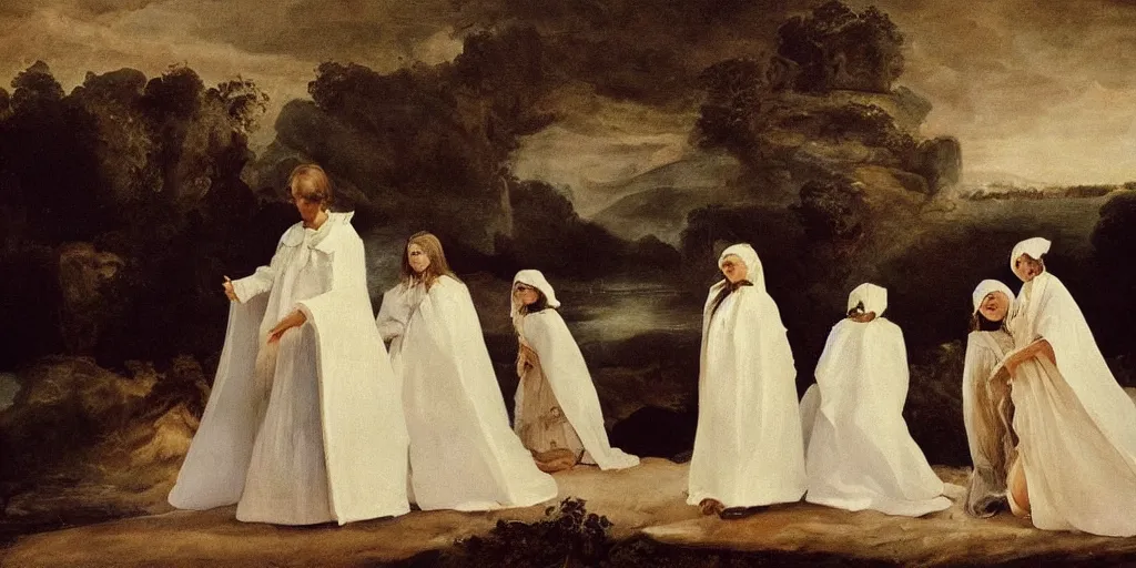 Image similar to hyperrealismBaptism on the river girls in white capes and death angels landscape in style of Goya