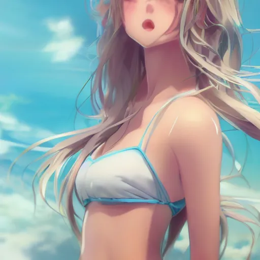 Image similar to a very beautiful young anime girl, full body, long wavy blond hair, sky blue eyes, full round face, bikini, miniskirt, front view, mid - shot, highly detailed, digital art by wlop, trending on artstation