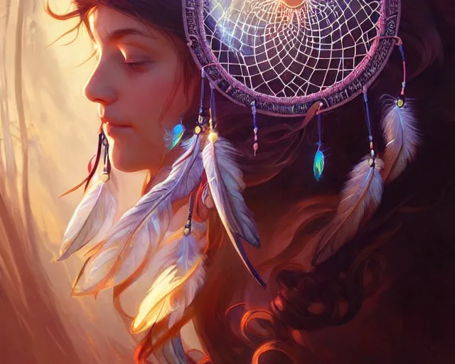 Image similar to dream catcher catching a dream, deep focus, d & d, fantasy, intricate, elegant, highly detailed, digital painting, artstation, concept art, matte, sharp focus, illustration, hearthstone, art by artgerm and greg rutkowski and alphonse mucha