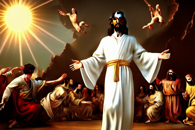 Image similar to jesus christ wearing a white robe strikes a dance pose as the world burns around him, intricate, hyper detailed, accent lighting, dramatic light, 4 k octane render ; renaissance painting