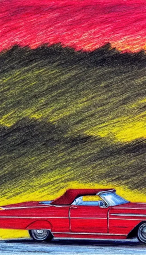 Prompt: 1 9 6 3 red cadillac convertible in the distance driving down empty highway into an orange sunrise, oil pastel, high detail, realistic, vintage, surreal