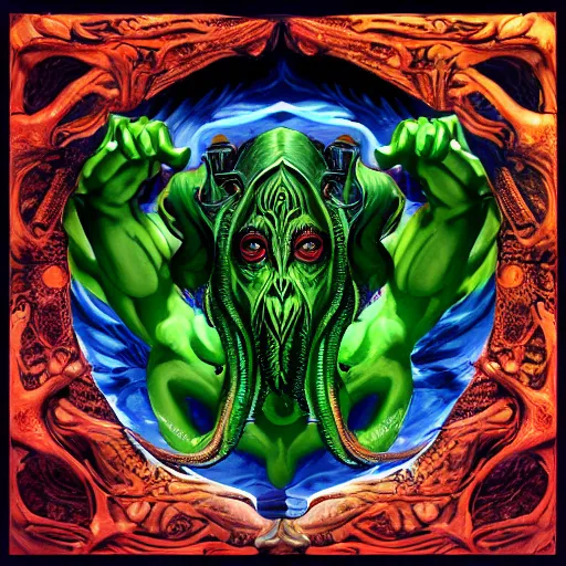 Image similar to 4K headshot of godlike Cthulhu with defined arms and open hands and bloody clothes with giant mandala wings , intricate face , flawless anime cel animation by Kentaro Miura, psychedelic , highly detailed upper body , professionally post-processed , beautiful, scary, symmetry accurate features, epic, octane rendered, anime masterpiece, accurate