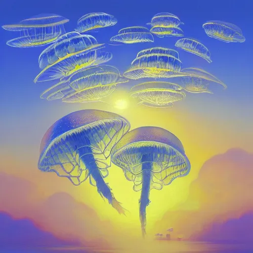 Image similar to a beautiful painting of a group of jellyfish fly in sunset by Angus Mckie, Trending on artstation