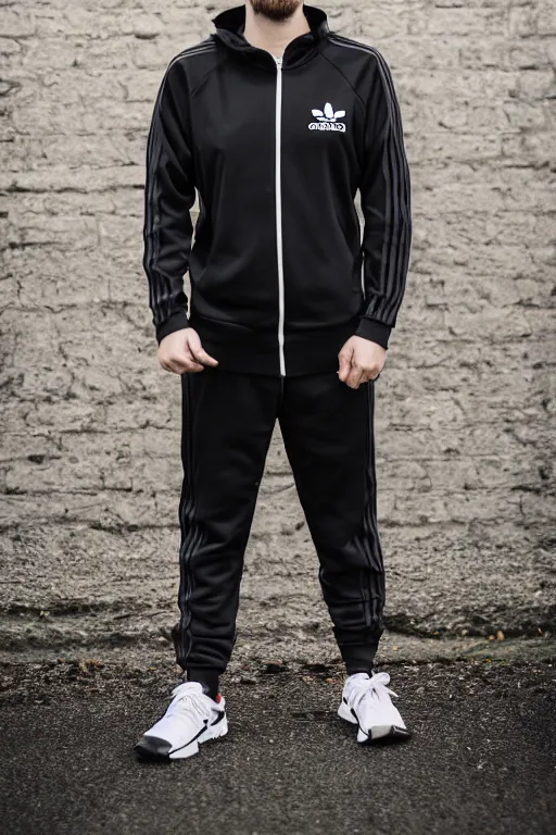 Image similar to Professional portrait photo of a drunk man wearing black adidas tracksuit, high quality photo, 25mm