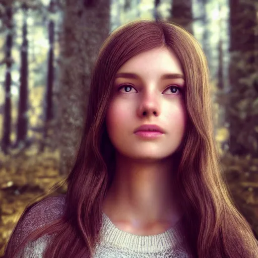 Prompt: real life photo of a beautiful girl, full body photoshoot, long brown hair, brown eyes, full round face, short smile, belly free, sweater, forest setting, cinematic lightning, medium shot, mid - shot, highly detailed, trending on artstation, unreal engine 4 k, 8 0 mm, 8 5 mm, cinematic wallpaper