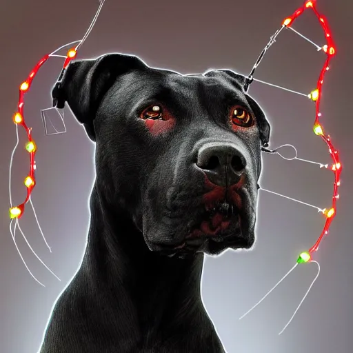 Prompt: painting of a black cyborg pitbull lab wearing thin red dog - collar, hyper detailed, robot, wires, lights, thin brush strokes, oil painting