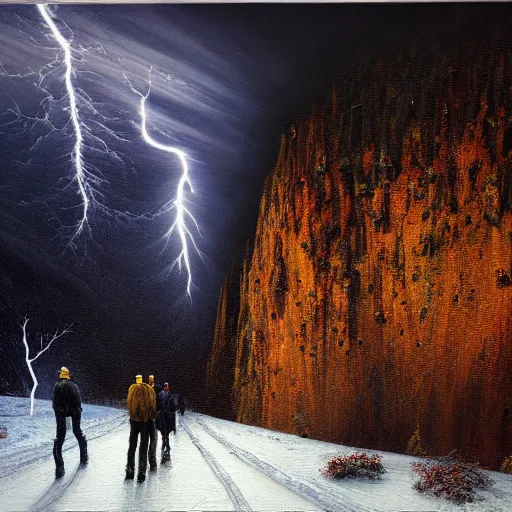 Image similar to a beautiful acrylic painting of group of climbers, extreme cold, storm, octane rendering, grim, dark, gloomy, cruel, volumetric lightning, hyperrealism, dichromatism, split - complementary colors, saturated colors, no blur, 4 k resolution, ultra detailed, john atkinson grimshaw, ivan shishkin, tyler edlin, scott listfield, eric zener