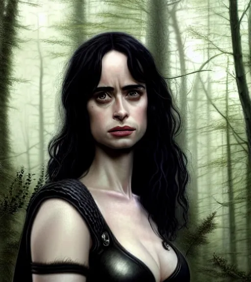 Image similar to 5 5 mm close up portrait photo of krysten ritter as yennefer of vengerberg in black leather armor and long black wavy hair and purple eyes, in a forest. magical atmosphere. art by greg rutkowski. lifelike. very detailed 8 k. intricate. soft light. nikon d 8 5 0.