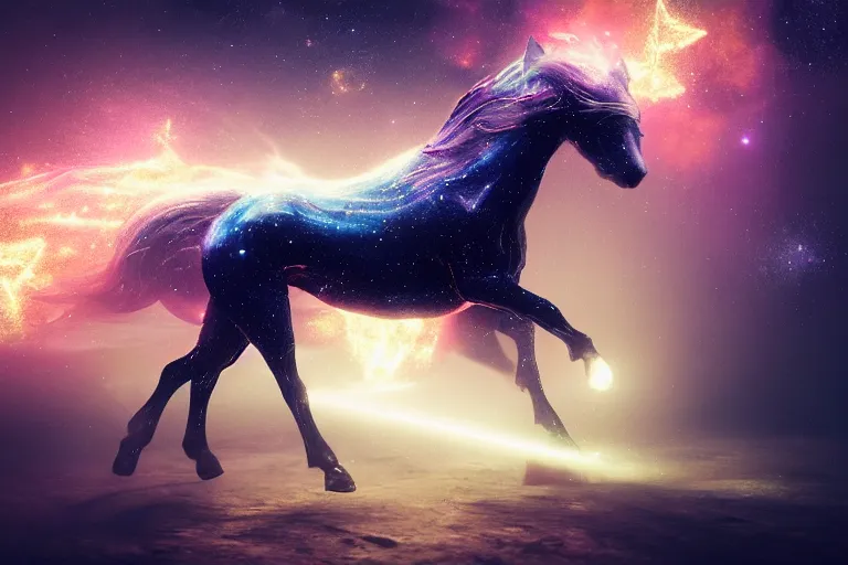 Image similar to a stunning horse made of illuminated stardust particles running through a space nebula by greg rutkowski, high key lighting, volumetric light, digital art, highly detailed, fine detail, intricate, ornate, complex, octane render, unreal engine, photorealistic