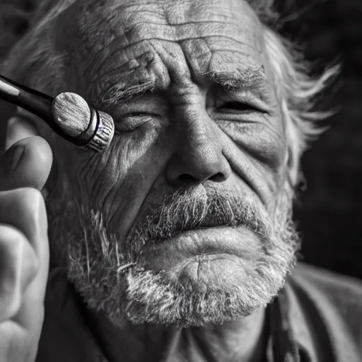 Image similar to close-up of a sad tired old man with a pipe, XF IQ4, 150MP, 50mm, f/1.4, ISO 200, 1/160s, natural light, Adobe Photoshop, Adobe Lightroom, DxO Photolab, Corel PaintShop Pro, rule of thirds, symmetrical balance, depth layering, polarizing filter, Sense of Depth, AI enhanced