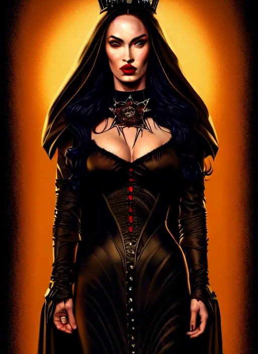 Image similar to megan fox witch queen, black eyes, blood, full body, intricate victorian dress, middle shot, cinematic lighting, studio quality, symmetrical eyes, artgerm, joshua middleton, rafael albuquerque, moody lighting, candles, art style by klimt and krenz cushart