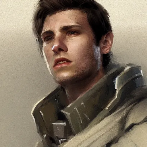Prompt: portrait of a man by greg rutkowski, young, british features, short brown hair, wearing military fatigues of the galactic republic, star wars expanded universe, he is about 2 0 years old, highly detailed portrait, digital painting, artstation, concept art, smooth, sharp foccus ilustration, artstation hq