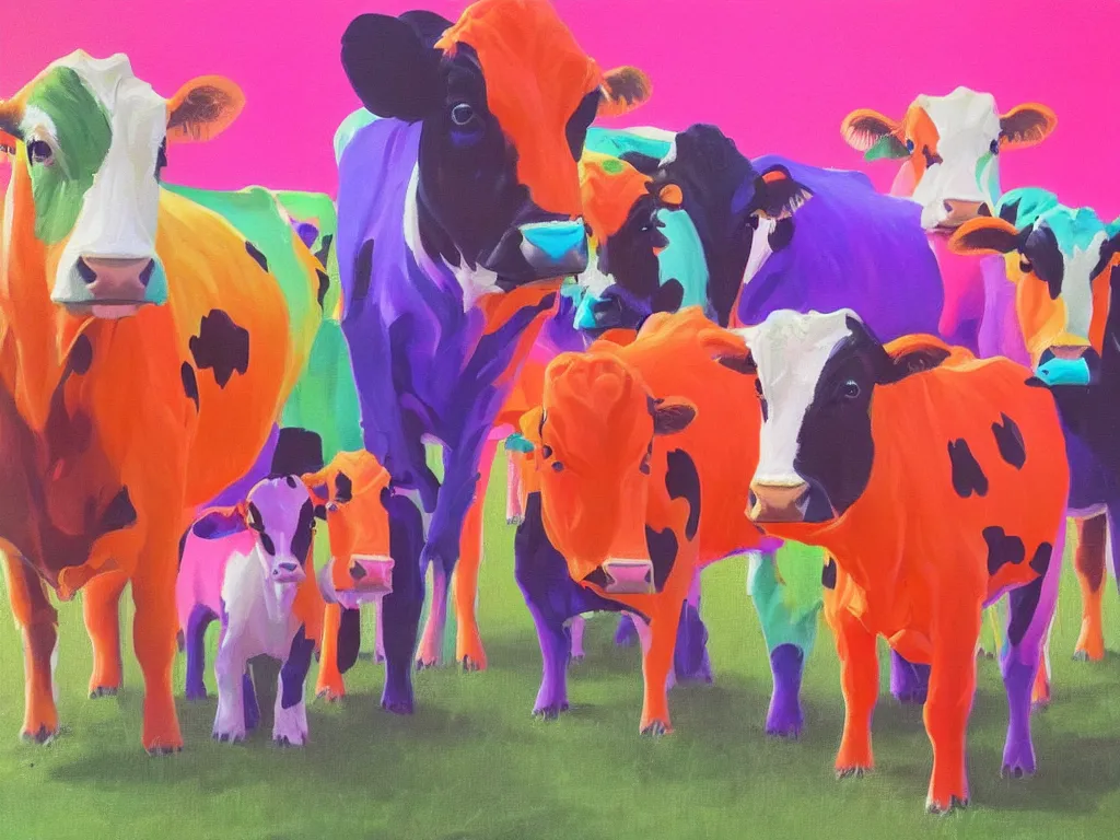 Prompt: Guernsey Cows, bright colors, neon orange, beauty, summer vibes, trending on artstation