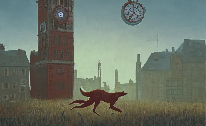 Image similar to a boy fighting a wolf on the edge of a clocktower, by simon stalenhag gouache, print