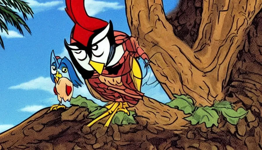 Prompt: saturday morning cartoon show The Lone Ranger as an owl animal, screenshot from 1990s animated show
