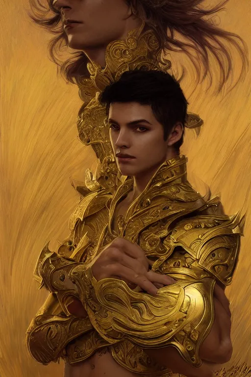 Prompt: young male magician in gold armor, gold hair, gold eyes, tanned skin, fantasy, intricate, highly detailed, digital painting, artstation, concept art, smooth, sharp focus, art by Artem Demura and Alphonse Mucha, ArtGerm, Valentina Remenar, Gaston Bussiere, Cedric Peyravernay