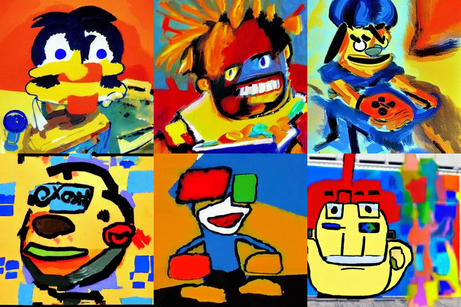 Prompt: A deep fried meme featuring a Playstation 1 character by Karel Appel