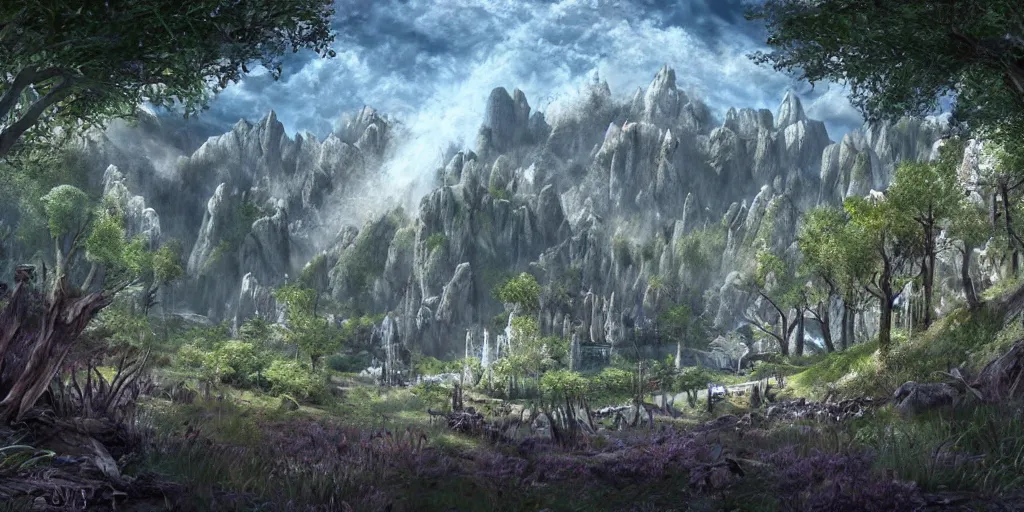 Image similar to Artwork in style of The Elder Scrolls Oblivion of the cinematic view of the Celestial Forest of Buried Enchantments.