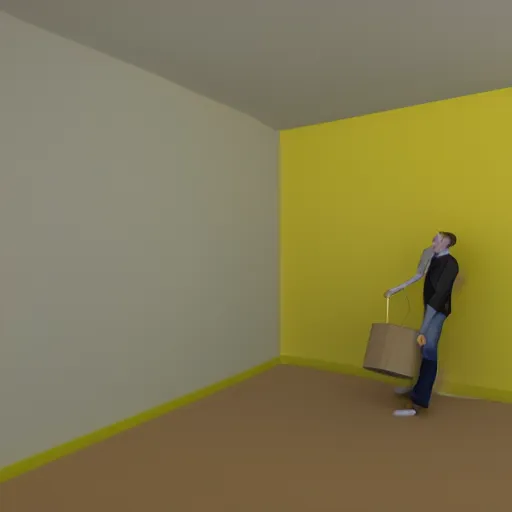 Prompt: 3 d render of jerma 9 8 5, jerma in a liminal space, non - euclidean space, office space, worn mono - yellow wallpaper, old moist carpet, inconsistently - placed fluorescent lighting, high octane, blender, 3 d render