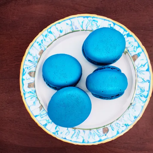 Prompt: robin standing in a plate filled with blue macaroons, dslr,