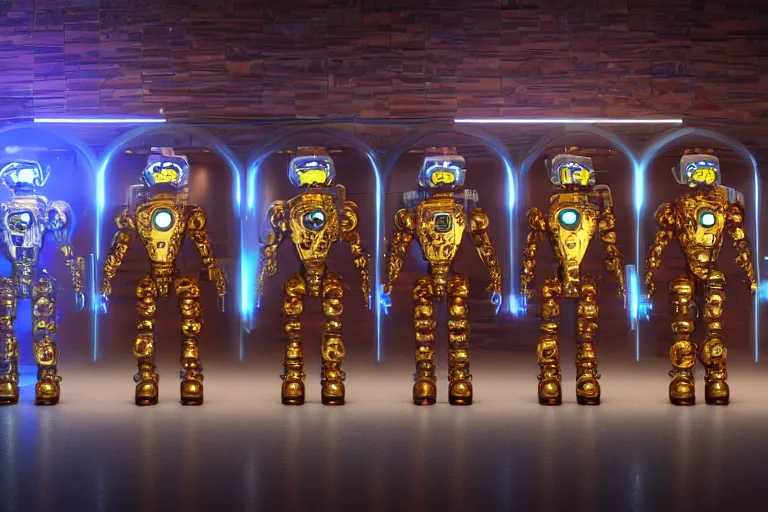 Image similar to a queue of 7 golden and blue metal humanoid steampunk robots in front of an entrance door to a futuristic nightclub, robots are wearing and gears and tubes, eyes are glowing red lightbulbs, shiny crisp finish, 3 d render, 8 k, insaneley detailed, fluorescent colors, nightlight