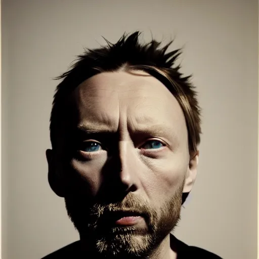 Image similar to Thom Yorke, a man with a beard and a black jacket, a portrait by John E. Berninger, dribble, neo-expressionism, uhd image, studio portrait, 1990s