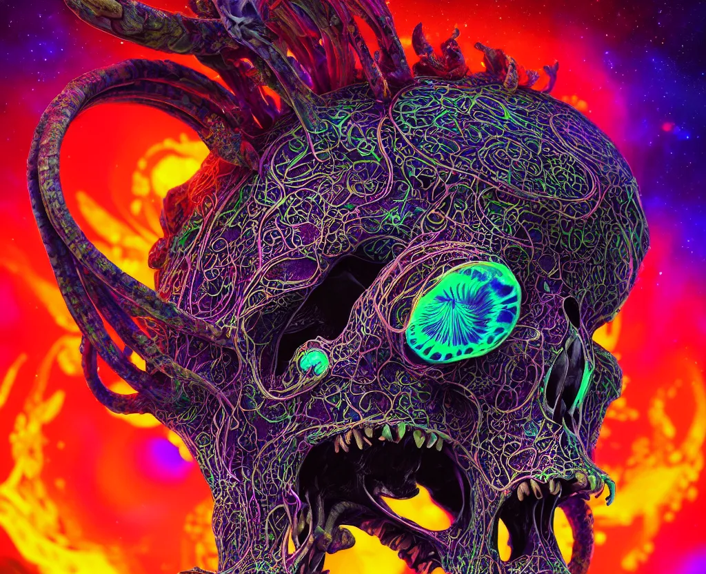 Prompt: psychedelic shaman close - up portrait goat skull. jellyfish phoenix head, nautilus, orchid, monkey skull, betta fish, bioluminiscent creatures, intricate artwork by tooth wu and wlop and beeple. octane render, trending on artstation, greg rutkowski very coherent symmetrical artwork. cinematic, hyper realism, high detail, octane render, 8 k