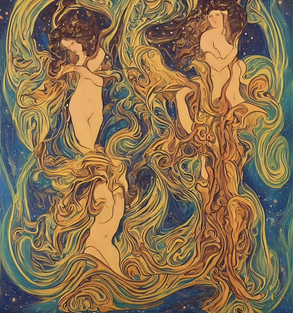 Prompt: an oil painting in the style of art nouveau of a goddess in galactic space