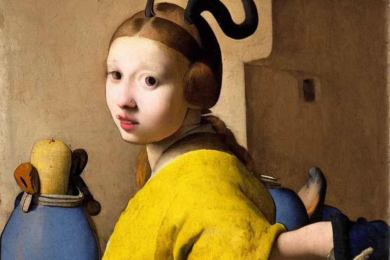 Image similar to girl with brown hair, short horns, long animal ears, a yellow t - shirt and blue overalls, wearing a barrel in a medieval marketplace, baroque, art by johannes vermeer