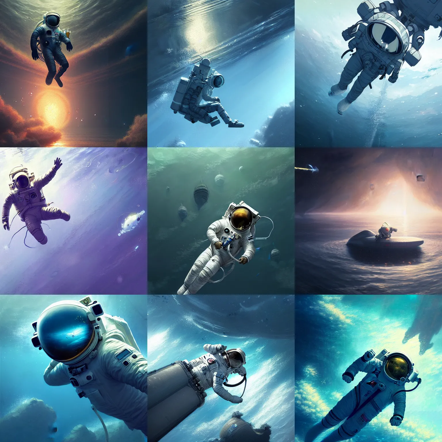 Prompt: an astronaut floating under water,endless,infinite,digital art,ultra realistic,ultra detailed,art by greg rutkowski,hyperdetailed,cg society,4k