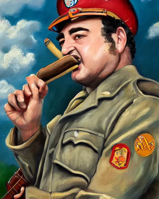 Prompt: oil painting, highly detailed, of john belushi as ww 2 era crazed national guard pilot wild bill kelso with his cigar, from the movie 1 9 4 1