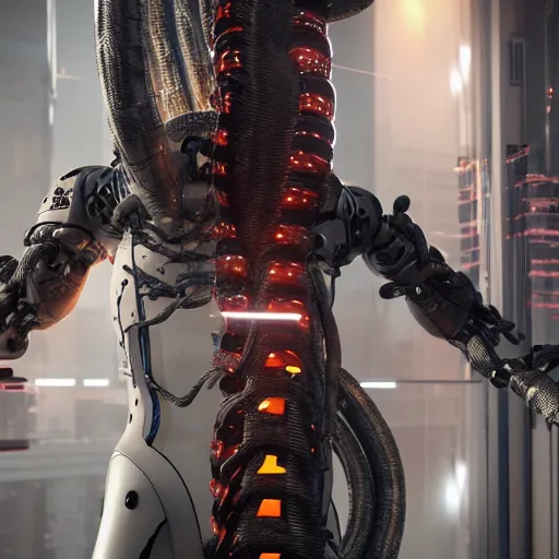 Prompt: the upper torso of a terminator cyborg lady with borg implants, human face and robotic snakes coming out of her head is hanging from cables and wires off the ceiling of a lab. Her bottom half is missing with cables hanging out. She is taking a sip from a cup of coffee. very detailed 8k. Horror cyberpunk style. Unreal engine 5 render with nanite, path tracing and cinematic post processing. Sharp.