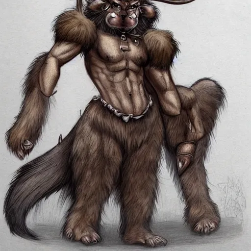 Prompt: cute fantasy drawing of a brown fur female Minotaur warrior with white spots, concept art