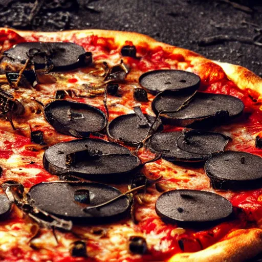 Image similar to close-up of a pizza robot, wasteland, highly-detailed, dramatic lighting, artstation, 4k, cinematic landscape, photograph by Keanu Reeves