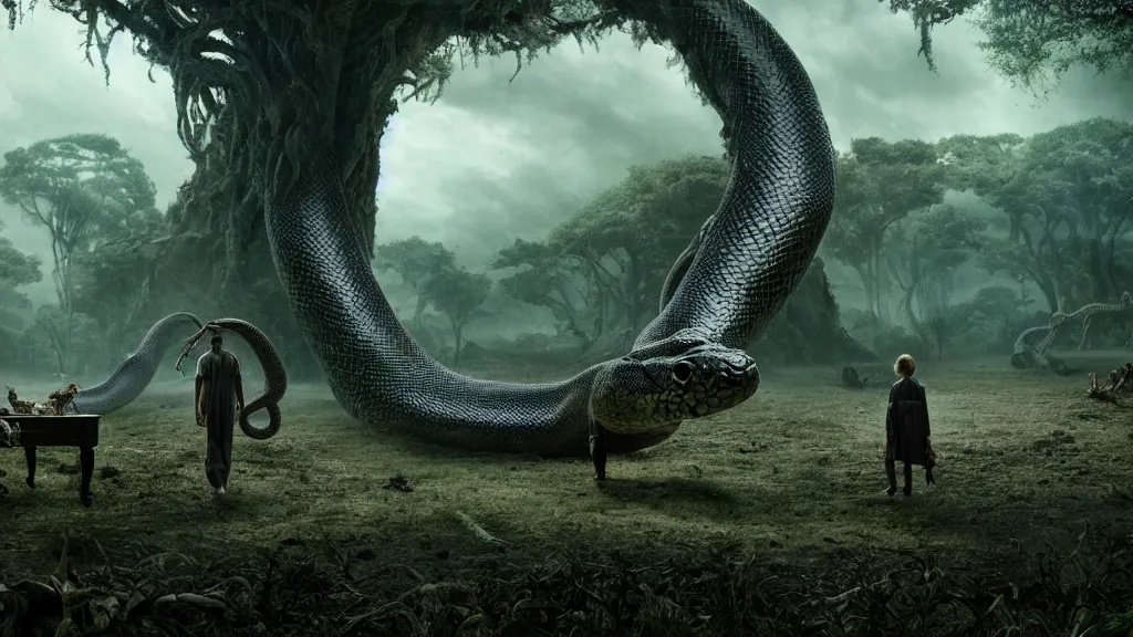 Image similar to a giant snake around the tree of life, high detail, 8k, ornate, dark fantasy, maximalist, realistic, masterpiece, complex, WLOP, film still from the movie directed by Denis Villeneuve, wide angle